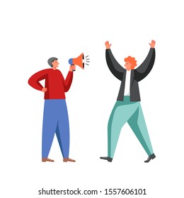 Happy public speaker with raised hands and man with megaphone, vector isolated illustration. Political meeting with candidate, election campaign, public speaking.