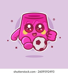 happy pudding cake character mascot playing football isolated cartoon