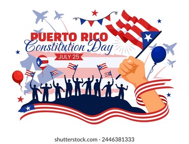 Happy Puerto Rico Constitution Day Vector Illustration on 25 July with Waving Flag and Ribbon in National Holiday Flat Cartoon Background Design