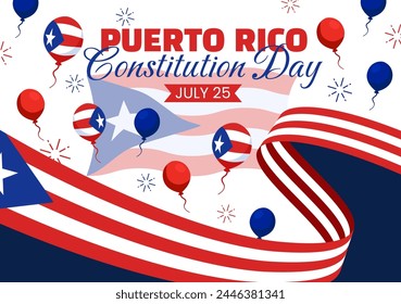 Happy Puerto Rico Constitution Day Vector Illustration on 25 July with Waving Flag and Ribbon in National Holiday Flat Cartoon Background Design