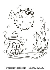 Happy Puffer Fish Swimming Among Sea Plants