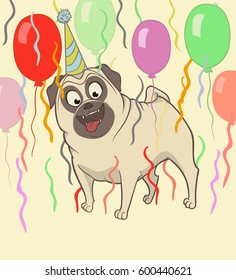 Happy pug, balloon