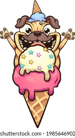 Happy pug dog about to eat ice cream cone. Vector clip art illustration with simple gradients. All in a single layer. 
