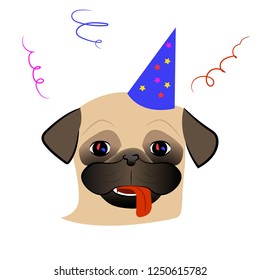 Happy pug dog on a party. Vector illustration