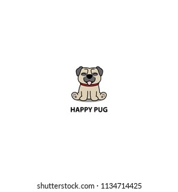 Happy pug dog sitting cartoon icon, logo design, vector illustration