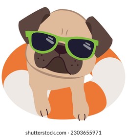 Happy Pug dog with sunglasses and floating ring, air mattress for summer