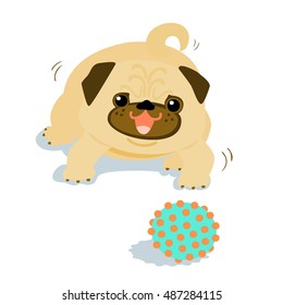 Happy Pug dog want to play a ball illustration