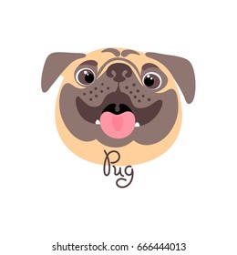 Happy pug. Portrait of a cheerful dog in cartoon style. Vector illustration.
