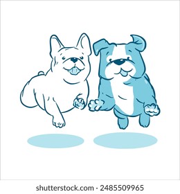 Happy pug-dogs jumping line color vector illustration