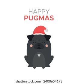 Happy pugmas cute black pug vector illustration. Little pug dog or puppy with santa's hat.