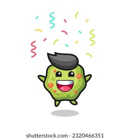 felíz mascota de puke salta por felicitación con confetti color , diseño de estilo lindo para camiseta, pegatina, elemento logo