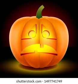 Happy Pumpkin with an angry and sad mask. Cut with a knife. Halloween symbol With a bright candle inside. Isolated on a dark background. Vector graphics