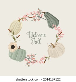 Happy pumpkin banner, autumn hand drawn design fall card. Typography inspirational thanksgiving day quote,  pumpkin in vintage style. Welcome fall