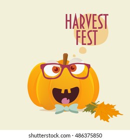 Happy Pumpkin with boy face. Cute and nice cartoon styled Pumpkin character with Maple Leaves. Fall Harvest Festival pumpkin mascot. Harvest Fest Illustration. Fall Fest. Autumn Festival.