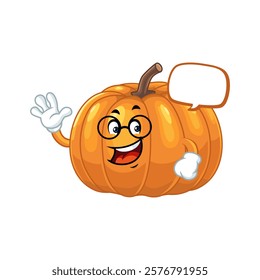 Happy Pumpkin Cartoon Character With Blank Bubble.