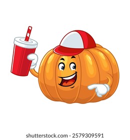 Happy Pumpkin Cartoon Character Holding Soda.