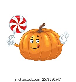 Happy Pumpkin Cartoon Character with Lollipop.