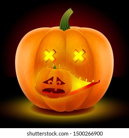 Happy Pumpkin with an evil face, in the teeth one more pumpkin. The mask is carved with a knife. Halloween symbol With a bright candle inside. Isolated on a dark background. Vector graphics