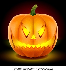 Happy Pumpkin with an evil scary face. The mask is carved with a knife. Halloween symbol. With a bright candle inside. Isolated on a dark background. Vector graphics