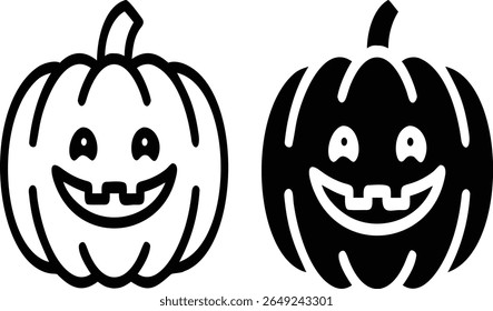 Happy Pumpkin Icon Set – Black and White Smiling Halloween Jack-o'-Lantern Vector Illustration