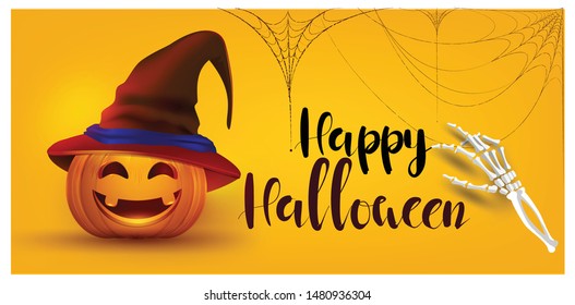 Happy pumpkin laughing halloween party candy trick or treat party decoration,invitation card for holidays moon,bat,cartoon art design background copy space with Text ,Vector