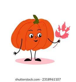 Happy pumpkin with leaf in hand with heart. Autumn character. Flat cartoon illustration