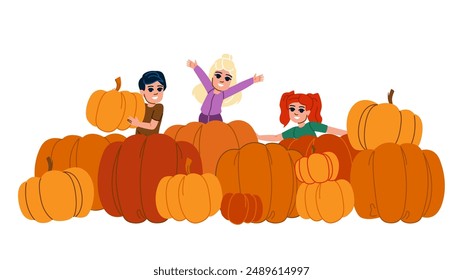 happy pumpkin patch  vector.  fall cute, harvest autumn, poster fun happy pumpkin patch character. people flat cartoon illustration