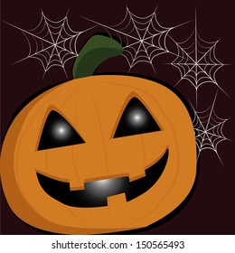 a happy pumpkin with some web spiders in the background