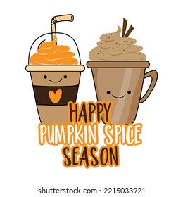 Happy pumpkin spice season - cute hand drawn pumpkin spice latte mugs. Good for T shirt print, poster, card, label and other decoration.