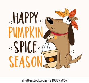 Feliz temporada de especias de calabaza - perro dibujado a mano con leche de calabaza. Es bueno para tarjetas de felicitación, afiches, etiquetas, estampado de camisetas y otro diseño de regalo.