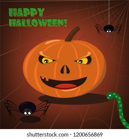 Happy pumpkin with spiders Happy Halloween vector greeting card