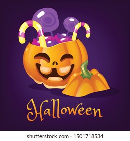 Happy pumpkin with sweets cartoon vector illustration. Halloween lantern smiling with lettering. Scary realistic orange pumpkin sticker. Treat or trick patch on purple Autumn holiday social media post