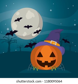 happy pumpkin wearing witch hat and bats