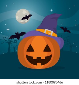 happy pumpkin wearing witch hat and bats in the forest