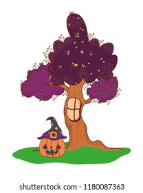 happy pumpkin with witch hat and tree window