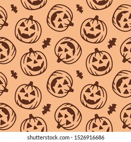 HAPPY PUMPKINS AND BATS SEAMLESS PATTERN ORANGE BACKGROUND