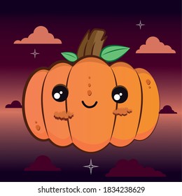 Happy pumpkins cartoon in a dark night. Halloween season - Vector