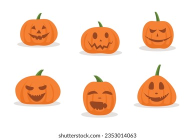 Happy pumpkins from Halloween collection. Pumpkins are the symbol of Halloween. Collection of orange pumpkins with a scary Halloween smile.