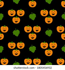 Happy pumpkins with leaves on a black background. Seamless pattern for Halloween. Cute vector illustrations for holiday decorations, festive cards, banners, wrappings, prints, fabrics, textiles, etc.