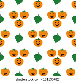 Happy pumpkins with leaves on a white background. Seamless pattern for Halloween. Cute vector illustrations for holiday decorations, festive cards, banners, wrappings, prints, fabrics, textiles, etc.