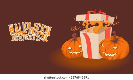 calabazas felices con caja de misterio abierta. concepto de plantilla modificable del cuadro de misterio de halloween. ilustración vectorial