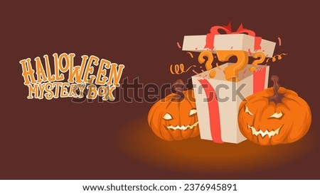 happy pumpkins with mystery box opened. halloween mystery box editable template concept. vector illustration