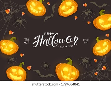 Happy pumpkins on black Halloween background with candies, bats and spiders. Card with Jack O' Lanterns and lettering Happy Halloween. Illustration can be used for children's holiday design and cards