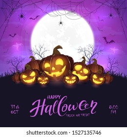 Happy pumpkins on Halloween background. Purple night with full moon. Card with Jack O' Lanterns, bats and spiders. Illustration can be used for children's holiday design, cards, invitations and banner