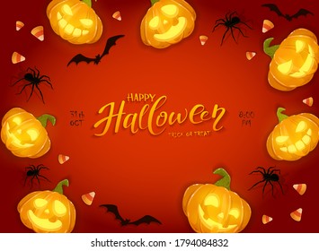 Happy pumpkins on orange Halloween background with candies, bats and spiders. Card with Jack O' Lanterns and lettering Happy Halloween. Illustration can be used for children's holiday design and cards