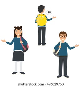 Happy pupil characters. Cute kids make conversation.