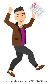 A happy pupil holding a sheet with the highest mark vector flat design illustration isolated on white background. Vertical layout.
