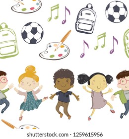 Happy pupil kids daily routine cartoon seamless pattern. Nerd boy, african kid, dancing asian girl, artist palette, ball, musical notes, backpack. Cute modern vector illustration on white background.
