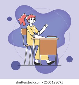 Happy pupil raising hand at classroom flat vector illustration. Young female cartoon character answering at lesson. Education, studying, school concept