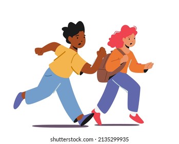 Happy Pupils African Boy and Caucasian Girl with Rucksack Run, Having Active Games on Playground or during School Break. Children Characters Playing and Having Fun. Cartoon People Vector Illustration
